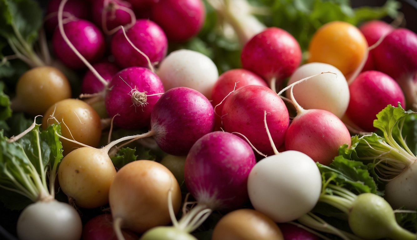 A variety of radishes arranged in a colorful display, with labels indicating different types