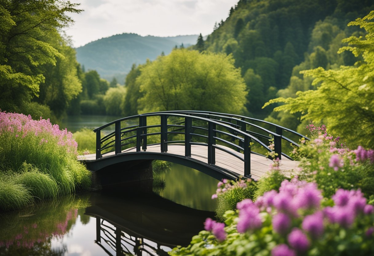 A serene bridge over a calm river, surrounded by lush greenery and blooming flowers, symbolizing trust and emotional security