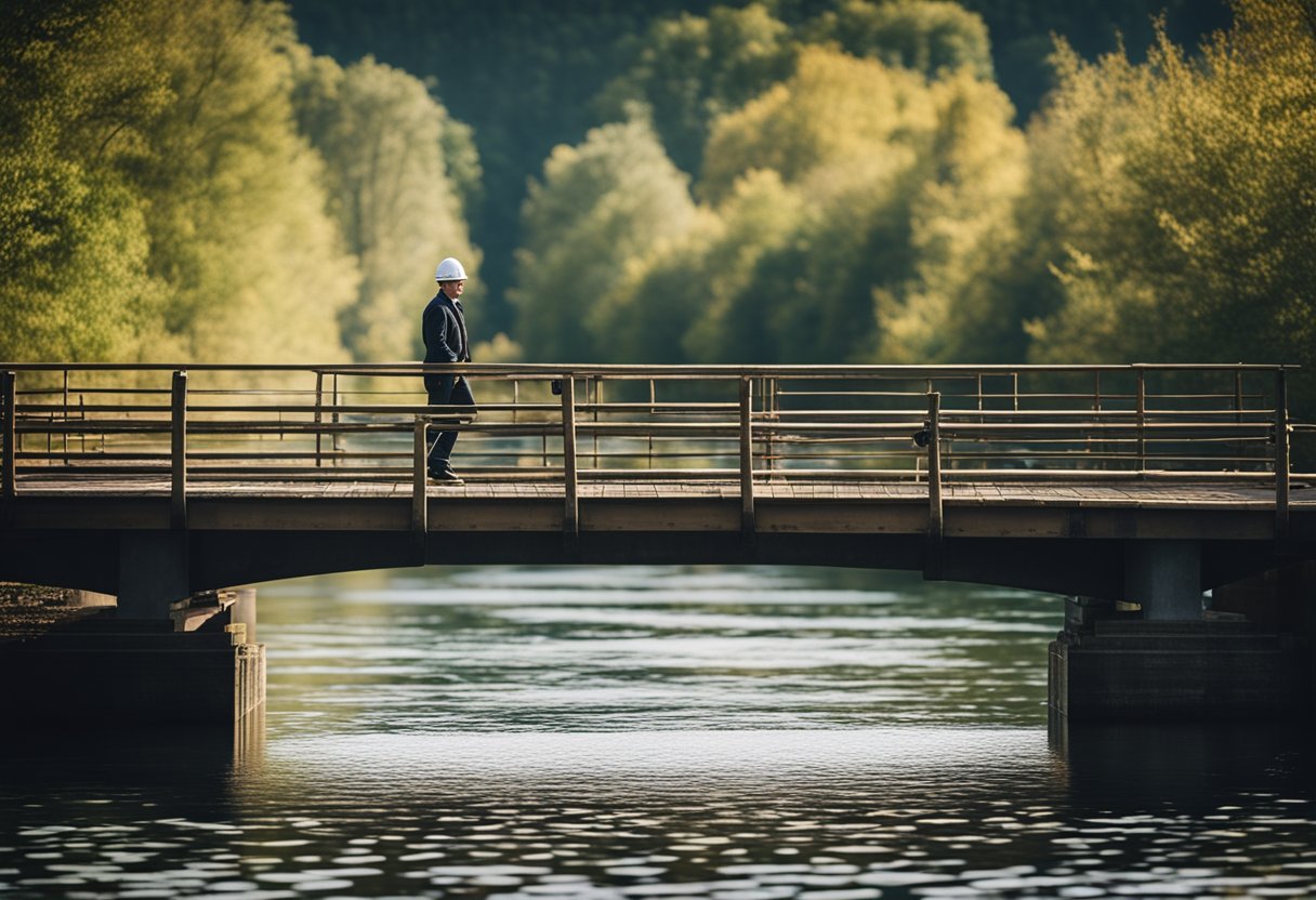 A bridge being built over a calm river, with one side representing emotional security and the other side representing emotional responsibility