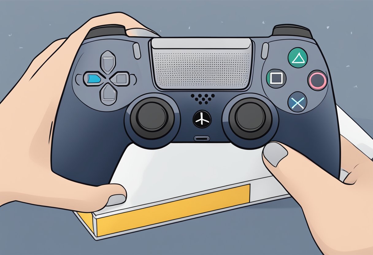 A PS5 console displays error message on screen. Text reads "Something went wrong." Controller is placed nearby