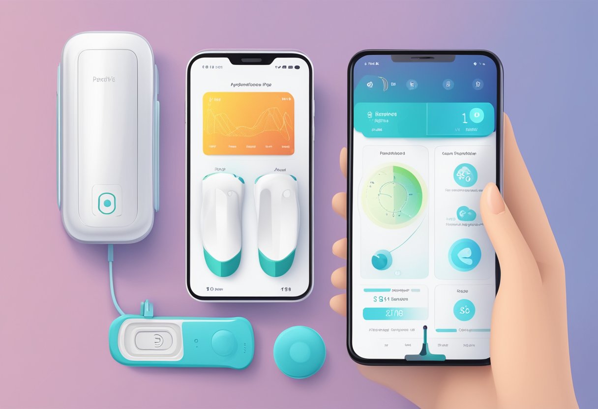 A smartphone with a pelvic floor exercise app displayed on the screen, surrounded by various technological aids for incontinence