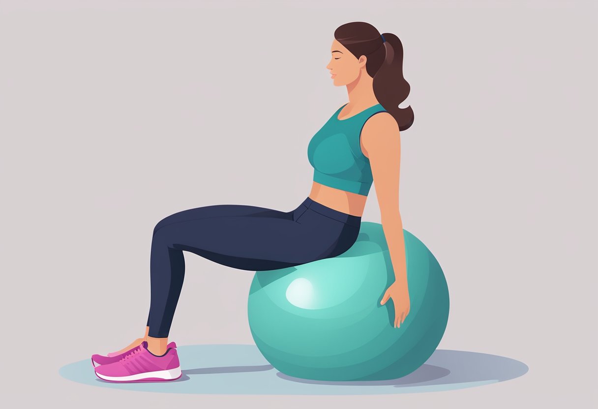 A woman practices pelvic floor exercises with a fitness ball, following nutrition tips for a strong pelvic floor to manage incontinence