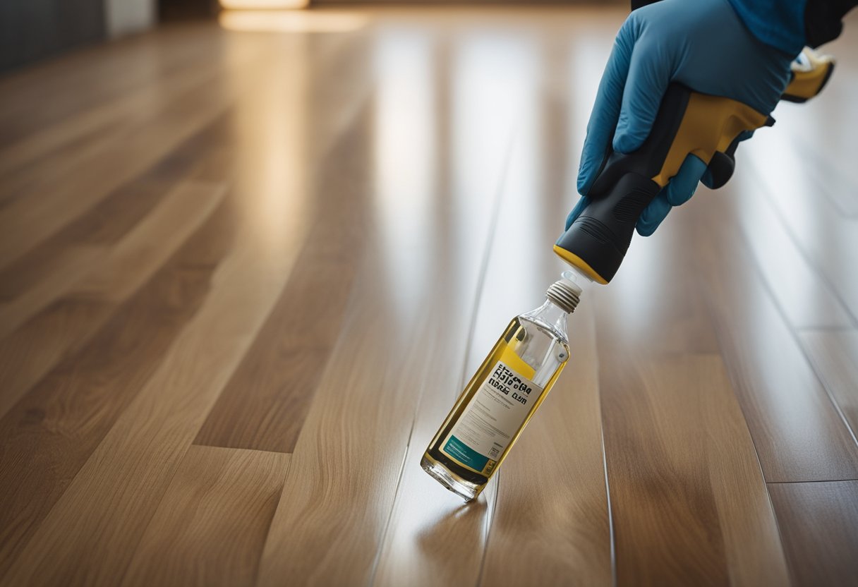 A laminate floor with visible squeaky spots, a person holding a bottle of lubricant, and a screwdriver nearby