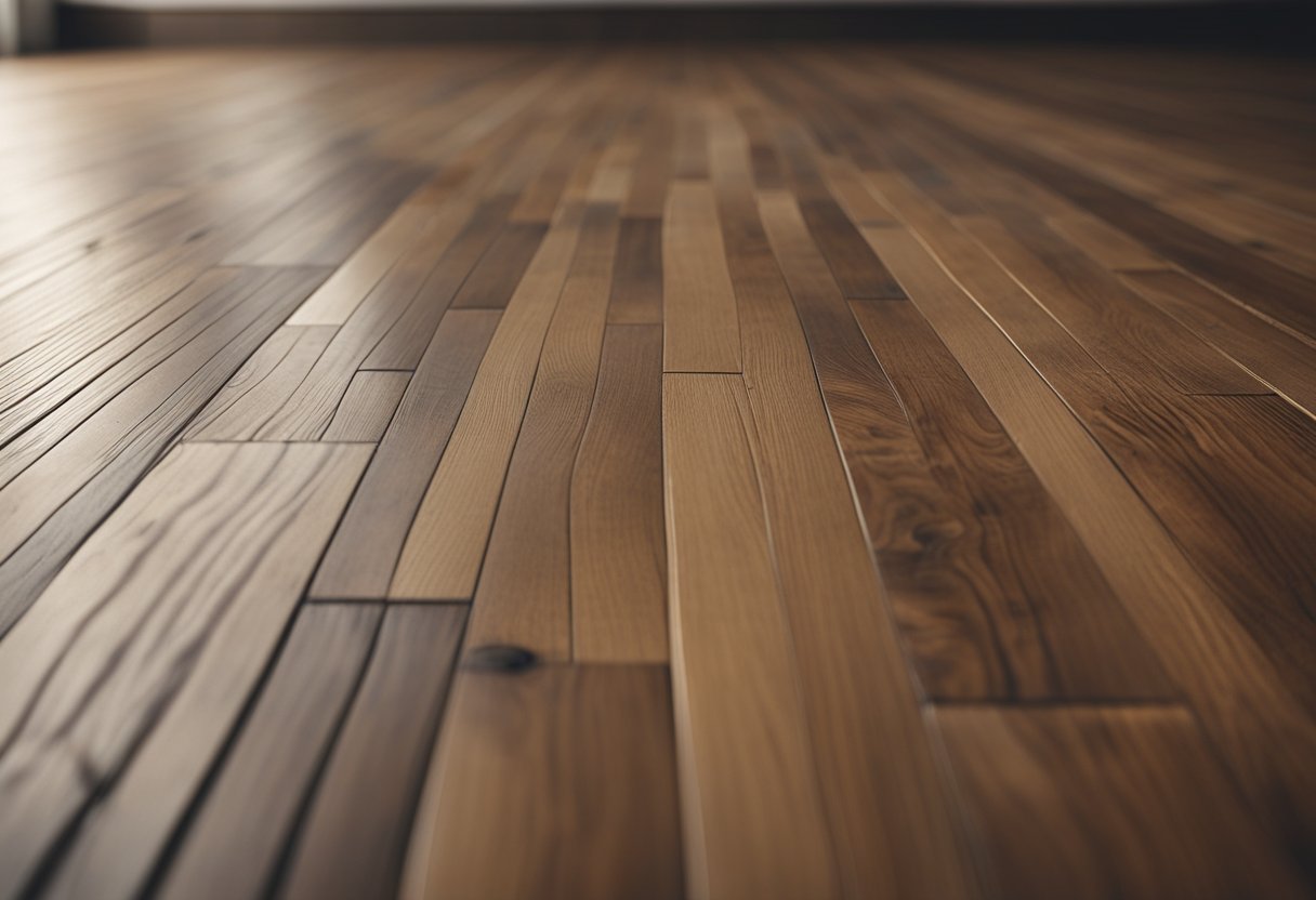 A laminate floor with visible seams and gaps, emitting faint squeaks as weight is applied. Subfloor is visible in some areas