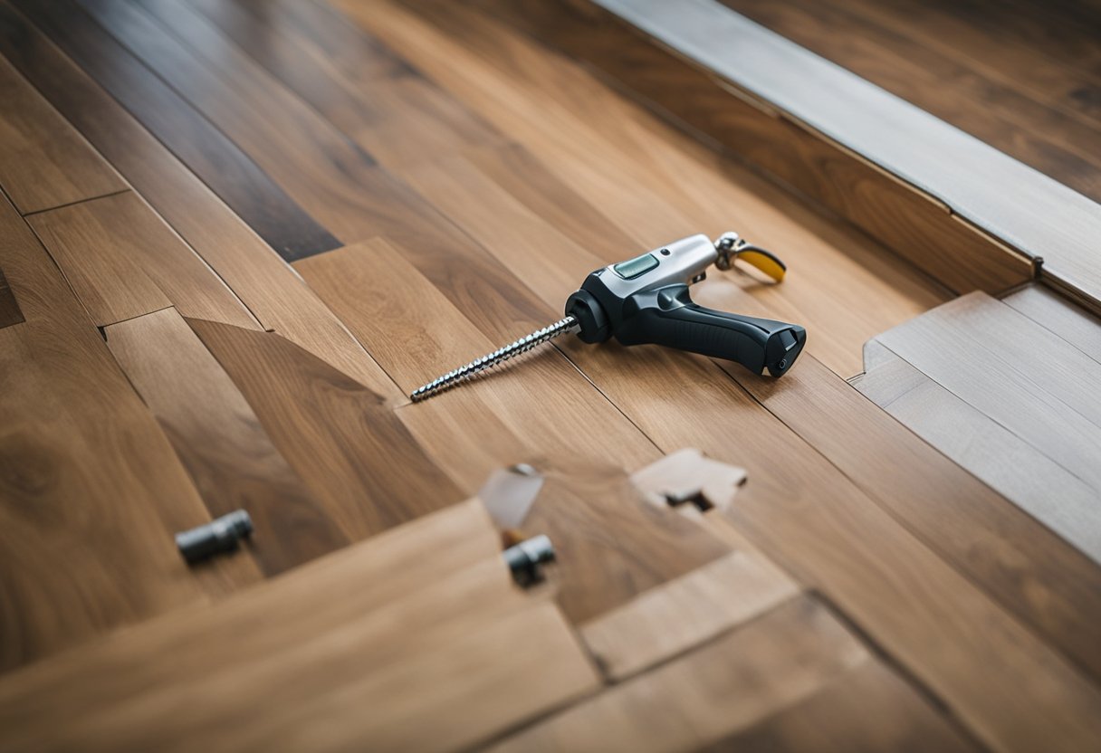 A laminate floor being fixed with a screwdriver, adhesive, and clamps. Subfloor is visible underneath