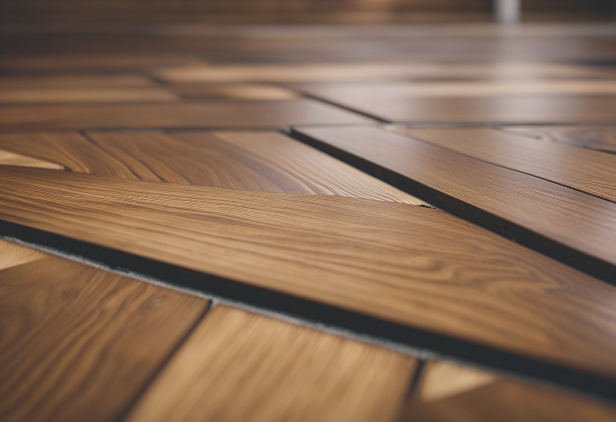 A laminate floor with visible subfloor issues, such as gaps or unevenness, causing squeaking. Tools and materials for repair are scattered nearby