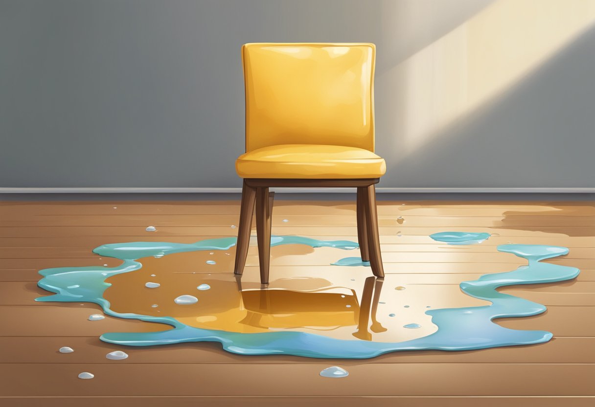 A puddle of spilled liquid on a chair, with a wet spot on the floor nearby