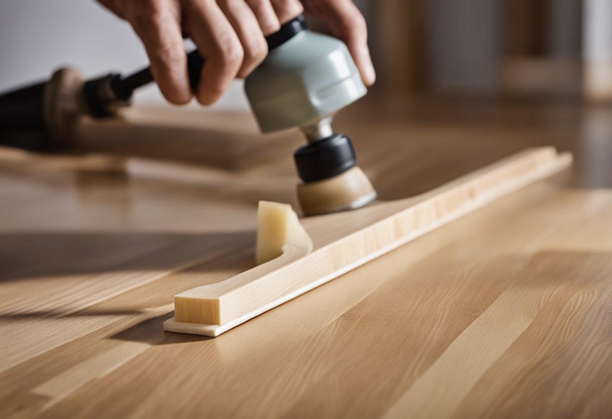 A bottle of floor adhesive is being applied to the edges of a laminate floorboard, while a rubber mallet is used to gently tap the board into place