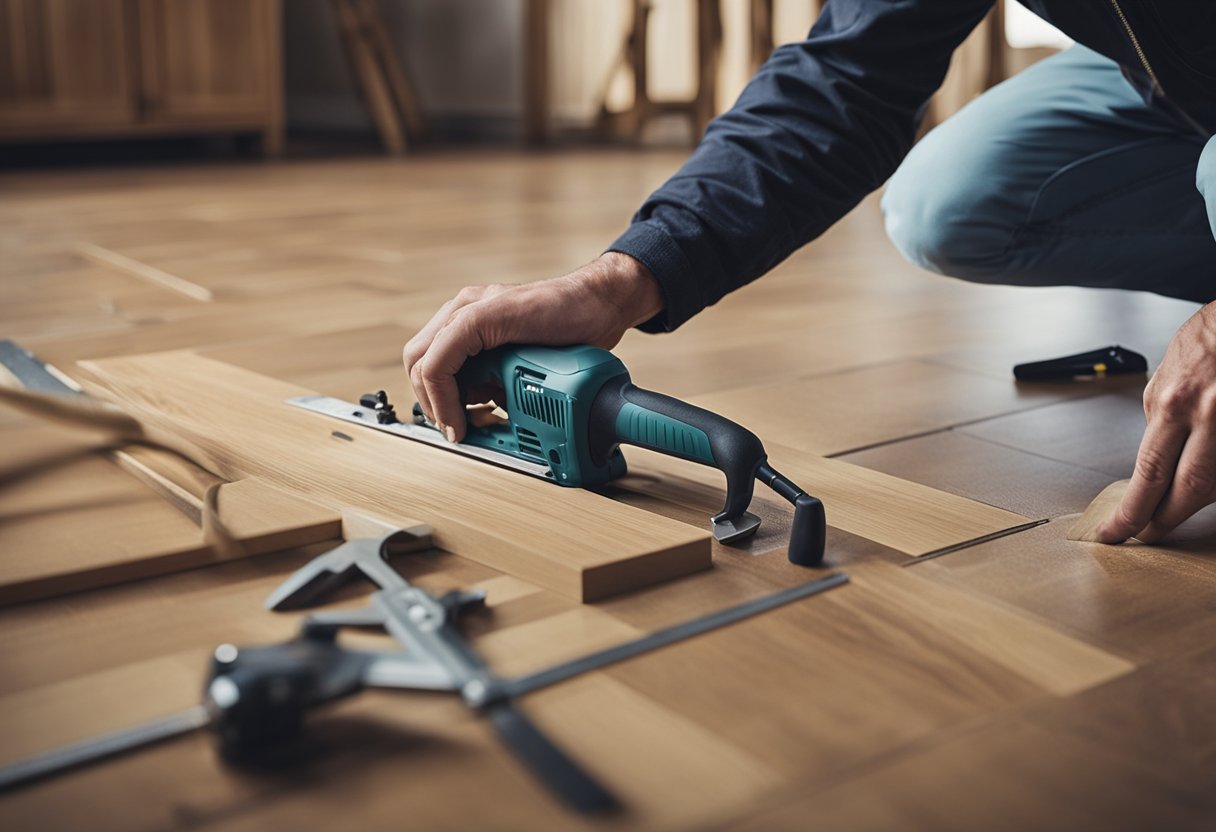 A person using tools to repair a squeaky laminate floor