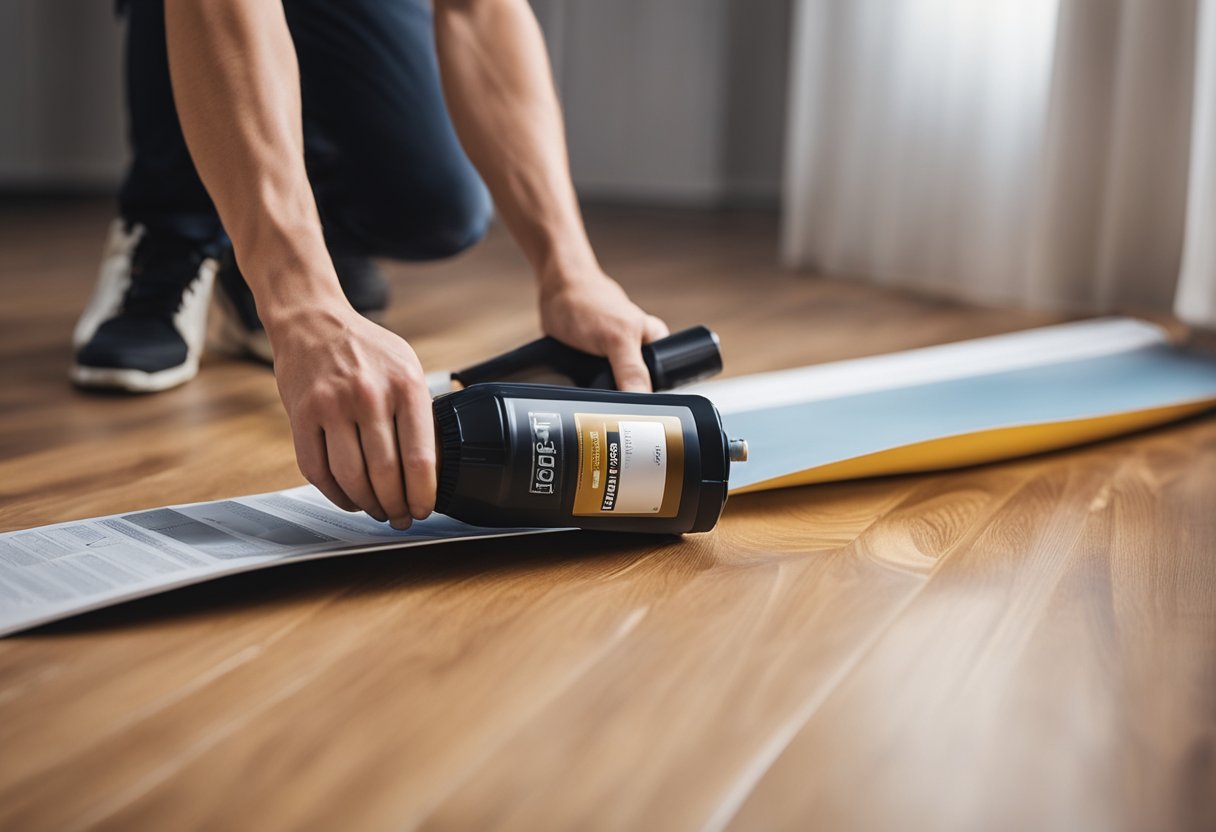 A person applying lubricant to a squeaky laminate floor with a detailed guidebook open nearby