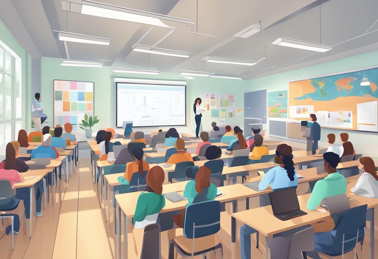 A classroom filled with engaged students, diverse learning materials, and interactive technology for maximizing free course learning