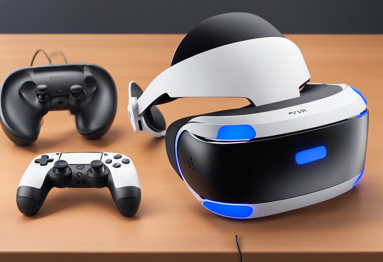 The PSVR headset sits on a table, with a controller next to it. The screen shows a leftward drift