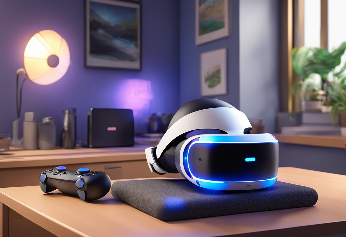 The PSVR headset sits on a table, surrounded by a small dehumidifier and a fan. The room is dimly lit, with a window cracked open to allow fresh air to circulate