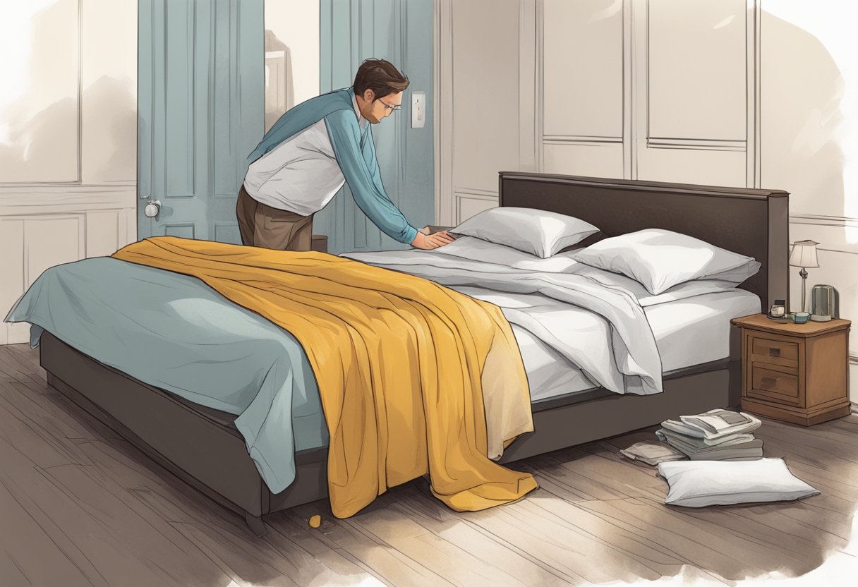 A bed with wet sheets and a distressed adult standing nearby