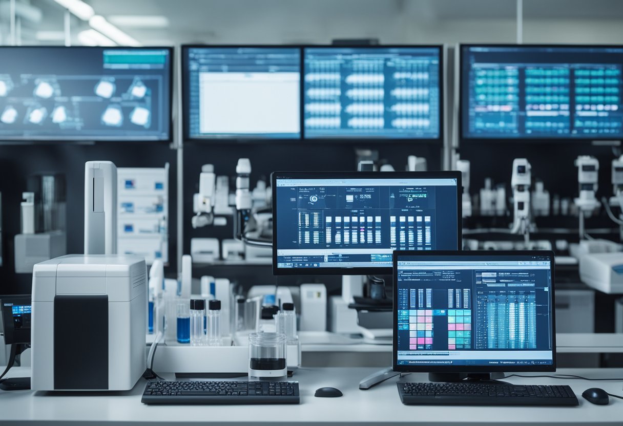 A laboratory setting with advanced genetic testing equipment and computer screens displaying genetic testing panels