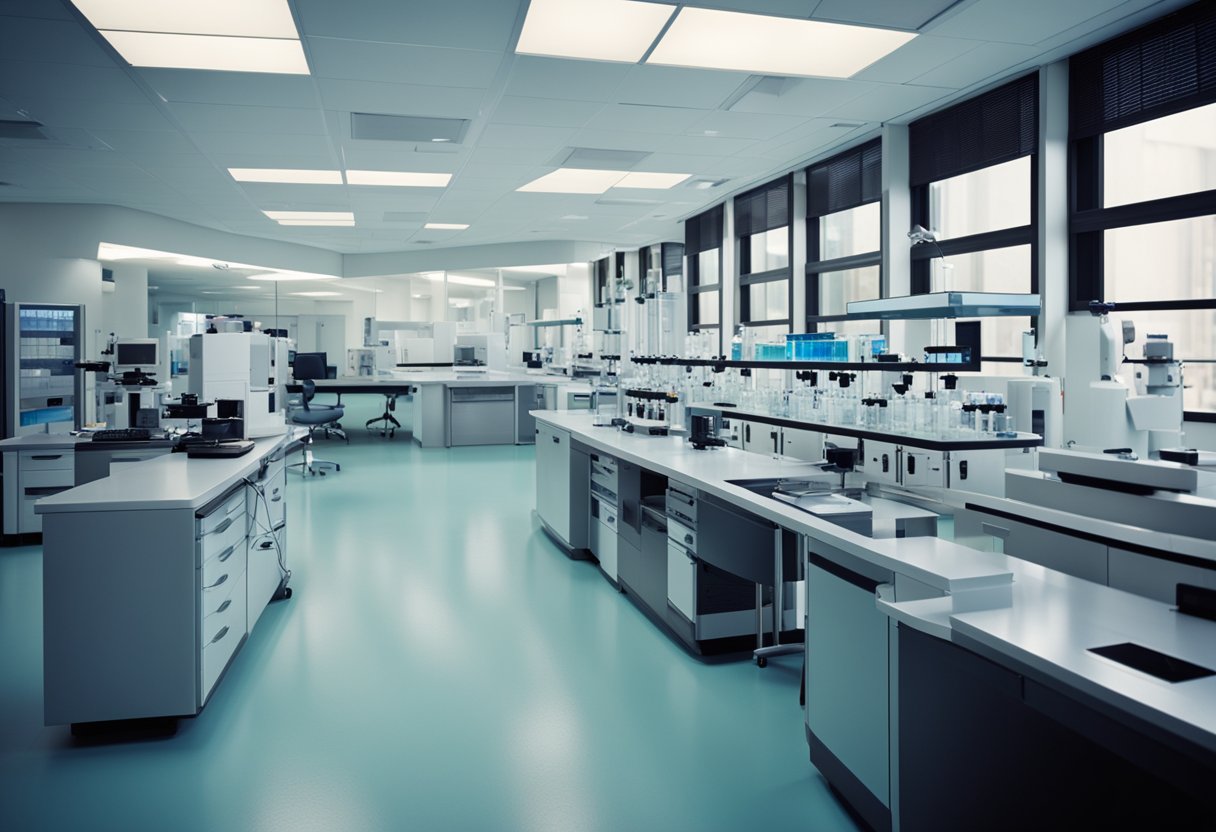 A laboratory setting with advanced equipment and genetic testing panels in use