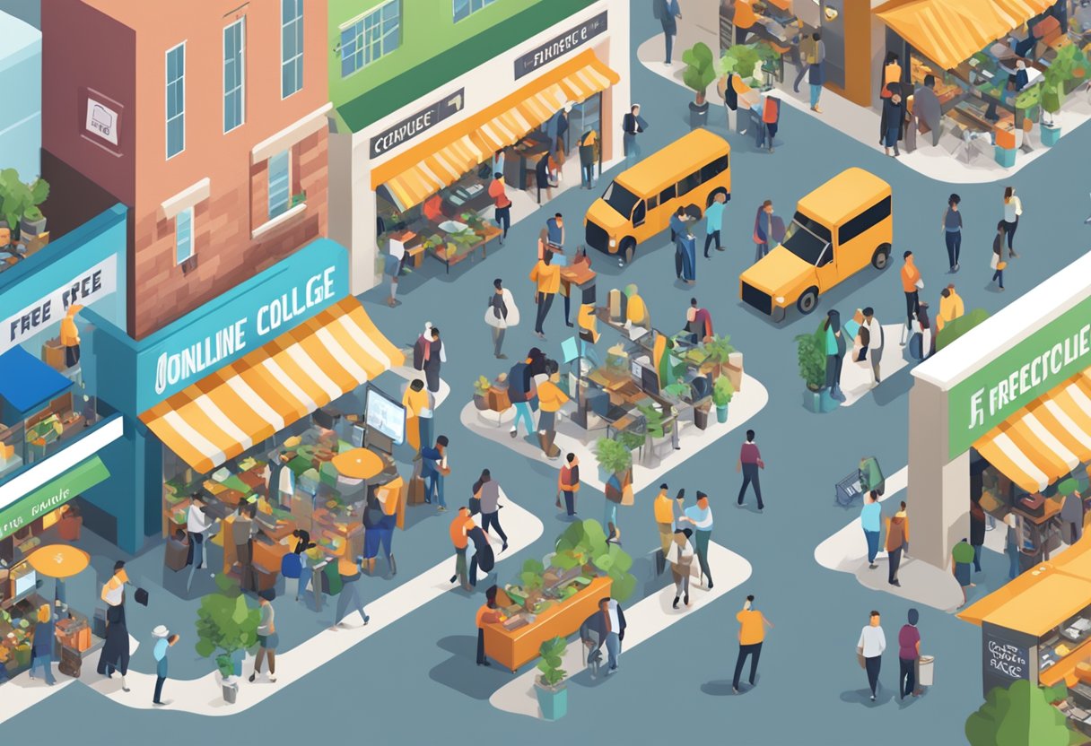 A bustling marketplace with signs for free online college courses and job opportunities