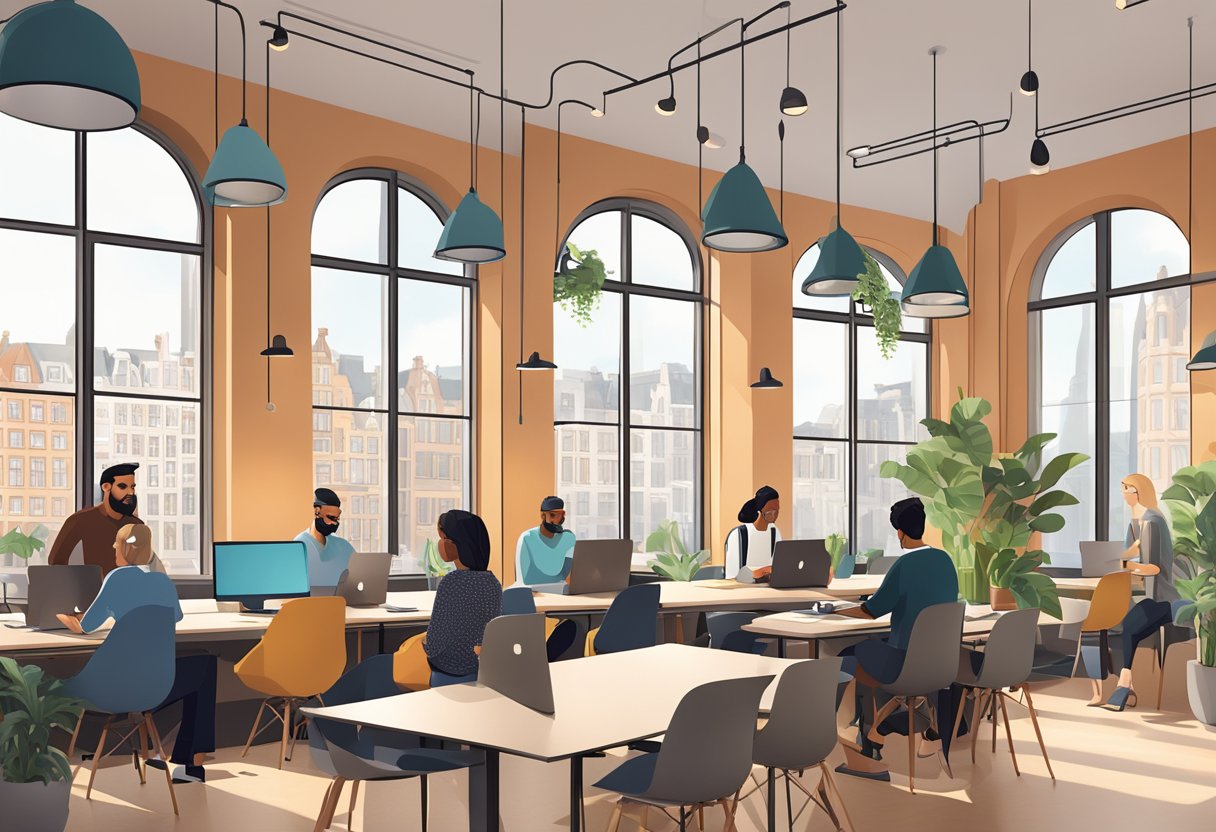 A bustling coworking space in Antwerp, with people working at desks and chatting in common areas. Modern decor and large windows overlooking the city
