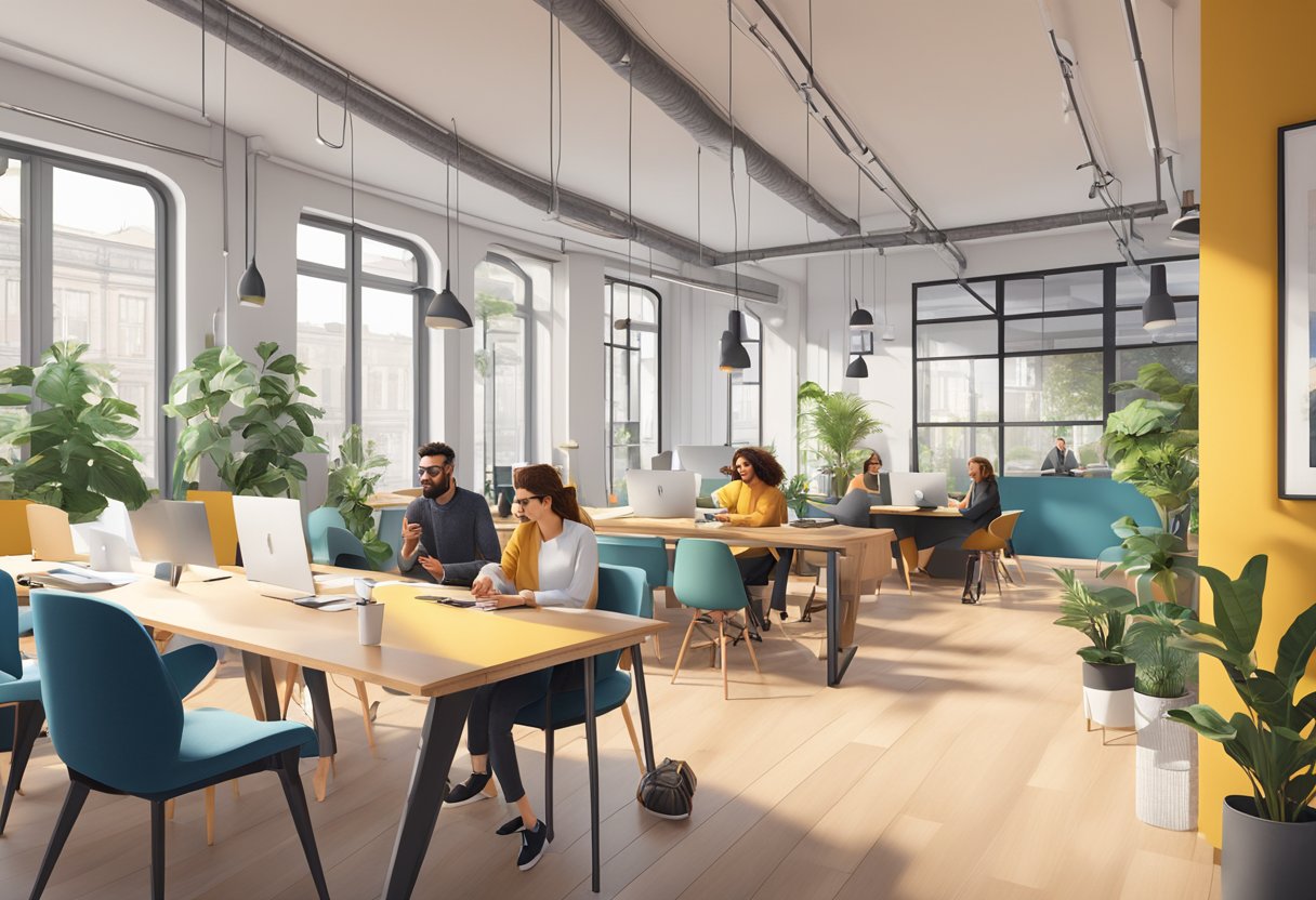 A modern, open-plan coworking space in Antwerp with sleek furniture, natural light, and diverse professionals collaborating in a vibrant atmosphere