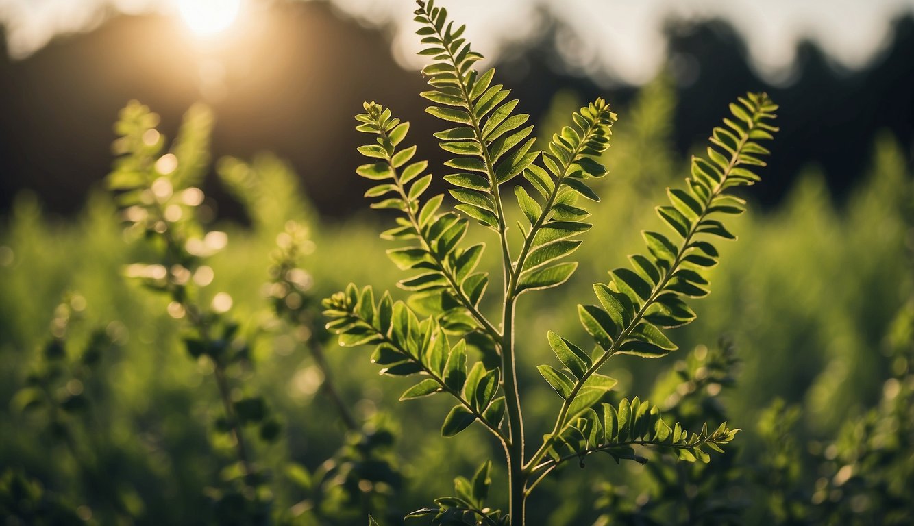 A licorice plant stands tall in a field, its vibrant green leaves reaching towards the sky. The plant is surrounded by a soft glow, emanating a sense of healing and tranquility