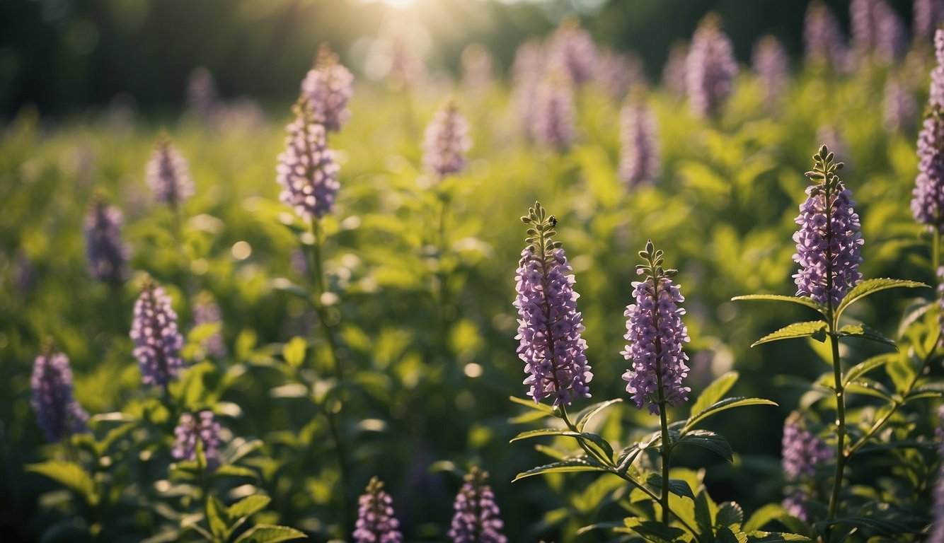 A field of licorice plants with vibrant green leaves and small purple flowers, surrounded by bees and butterflies