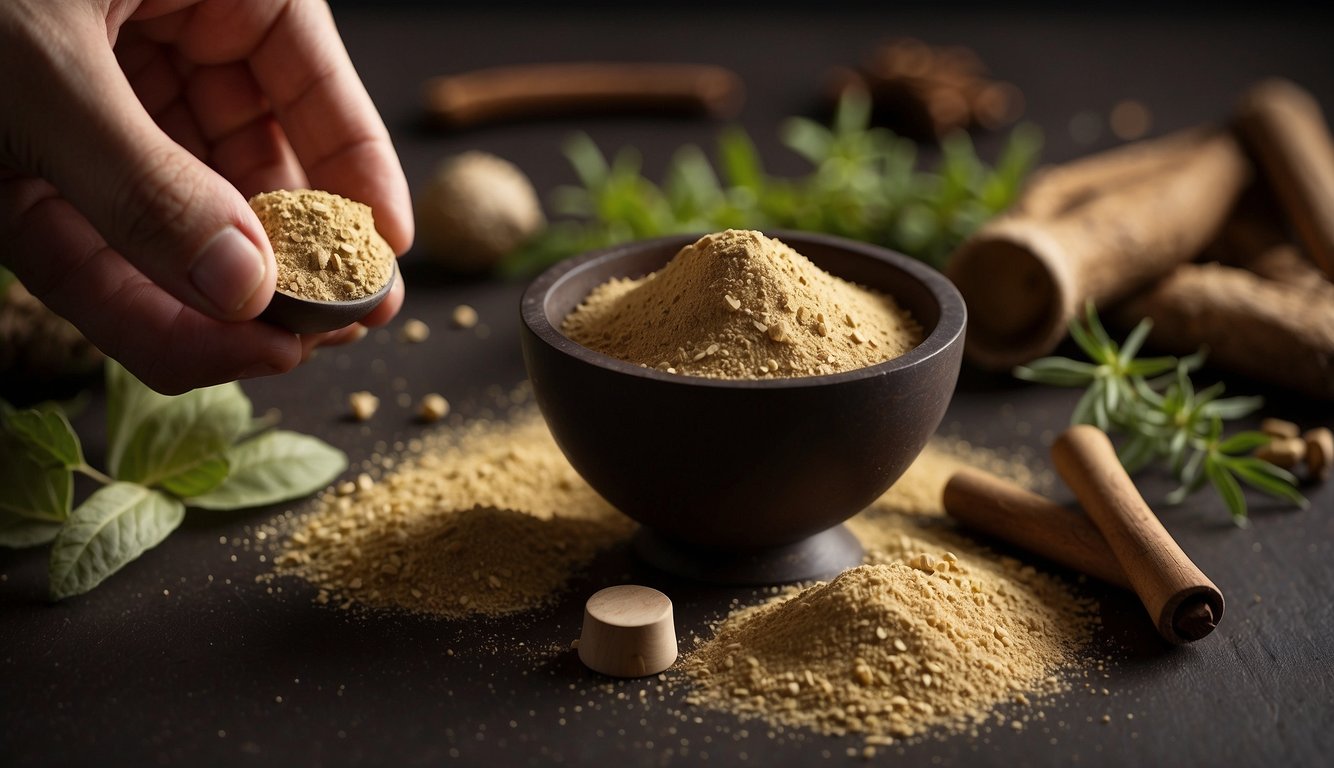A mortar and pestle grind licorice root into a fine powder. A hand reaches for a capsule to fill with the powdered herb