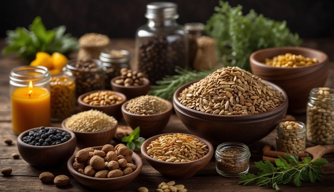 A table with a variety of foods and herbs, including licorice root, accompanied by labels displaying their nutritional information and healing properties