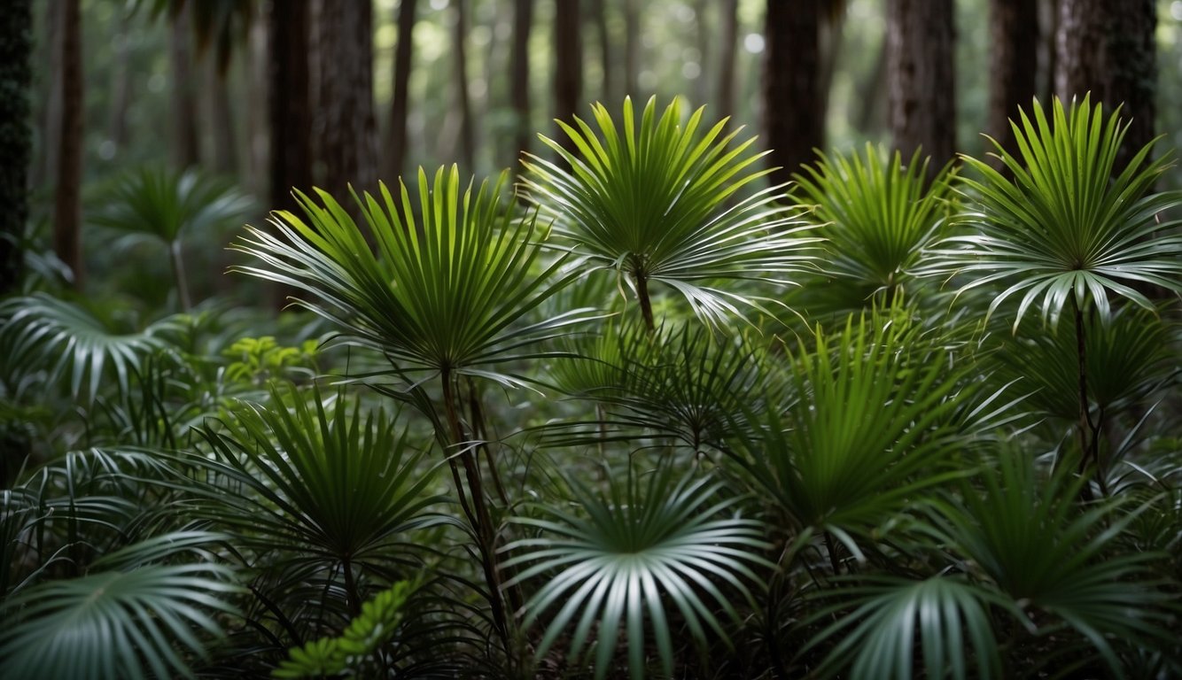 A lush, dense forest of saw palmetto plants, with vibrant green fronds and clusters of small, ripe berries. Surrounding the plants are historical texts and botanical illustrations showcasing the healing properties of saw palmetto