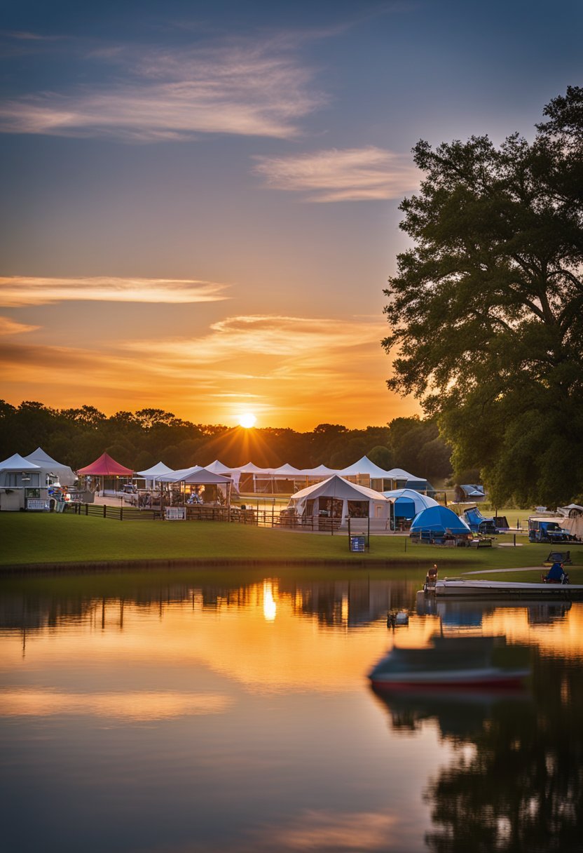The sun sets behind the calm waters of Lake Waco, casting a warm glow over at the marina. Colorful tents are pitched along the shore, and children play in the grassy areas nearby
