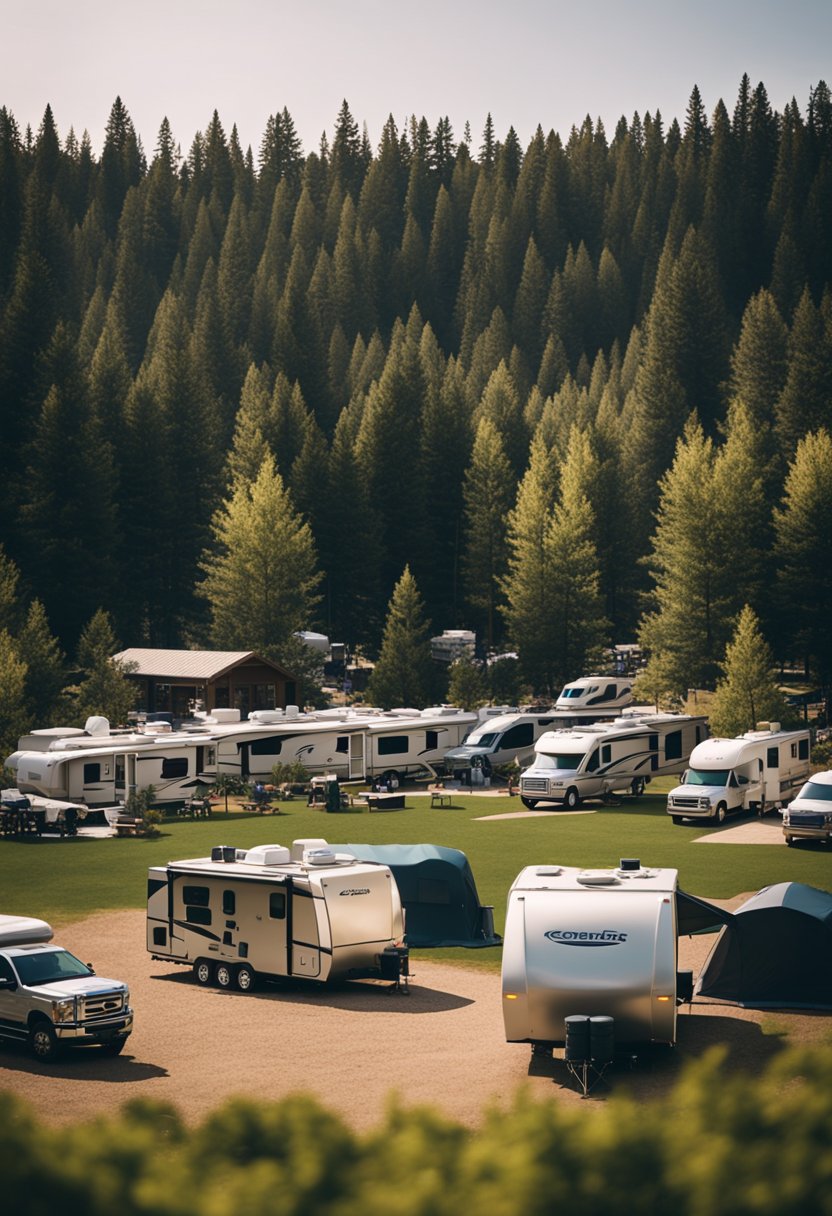 The campground is nestled among tall trees surrounded by happy families enjoying the outdoors