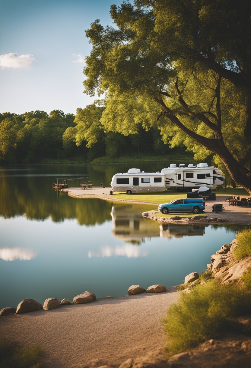 A colorful campground with spacious RV sites, playgrounds, and picnic areas surrounded by lush greenery and a serene lake in Waco