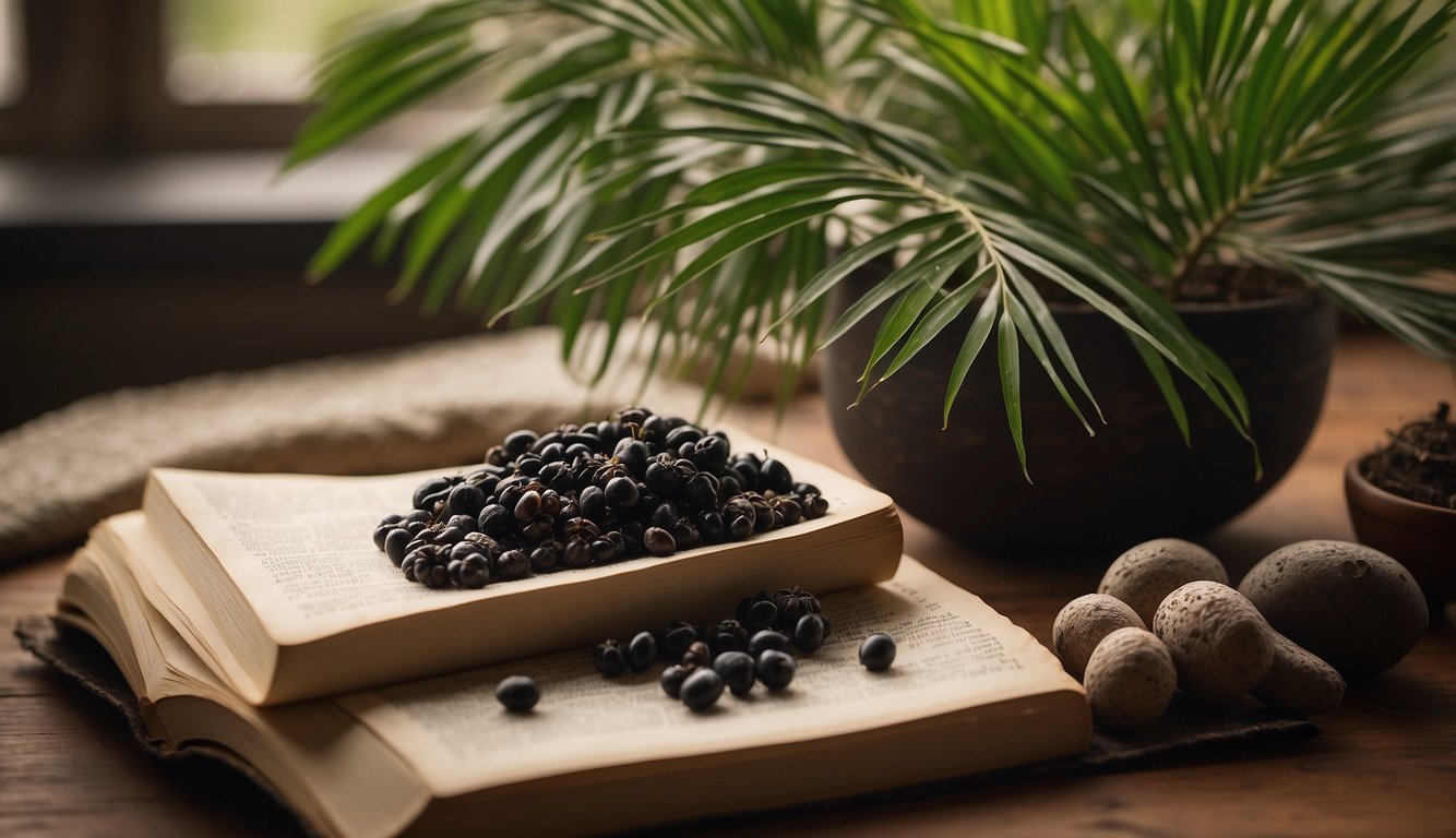 Saw palmetto berries and leaves arranged around a herbalist's table, with a mortar and pestle for preparation. A book open to a page on the healing properties of the plant