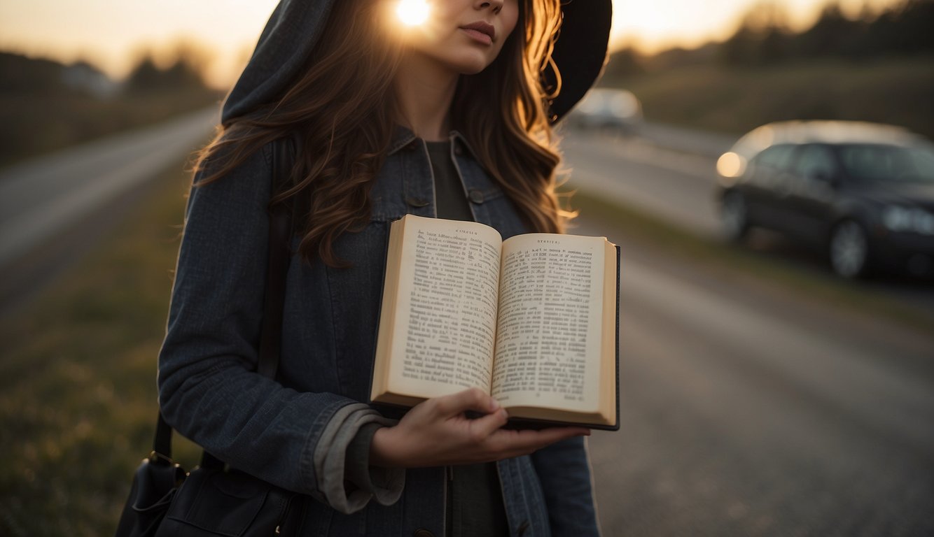A person standing at a crossroad, looking up at a shining light. A book with the title "Bible" is open in front of them, and a peaceful expression on their face