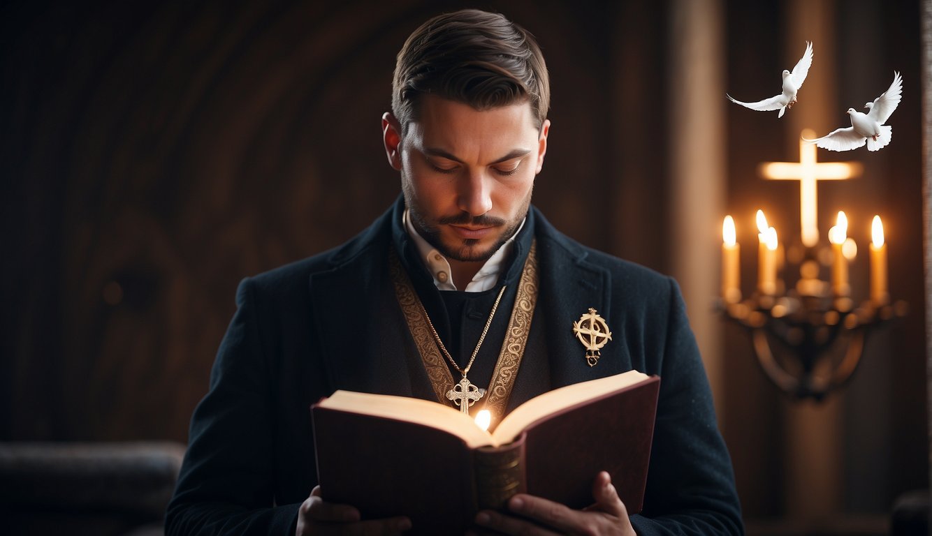 A person reading a Bible with a thoughtful expression, surrounded by symbols of faith like a cross, dove, and open book