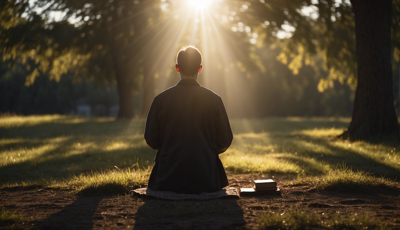 A person kneeling in prayer, with a Bible open in front of them. A ray of light shining down on the scene, representing spiritual enlightenment and the decision to become a Christian