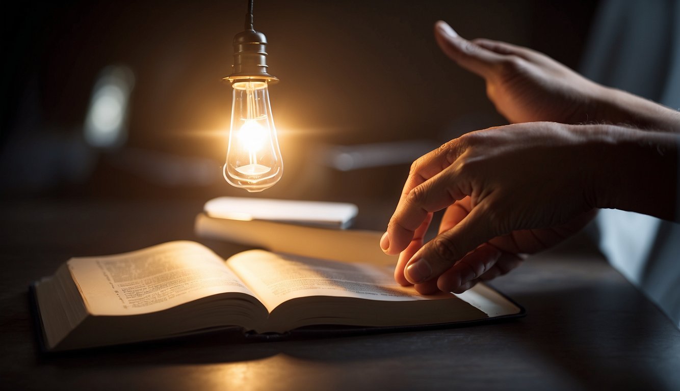 A person standing in a beam of light, reaching out to help another person up from darkness into the light. A book with the title "Sharing Your Faith: How to Become a Christian as an Adult" is open on a table nearby