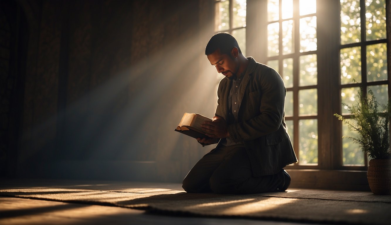 A person kneeling in prayer, surrounded by open Bible, cross, and light streaming in through a window