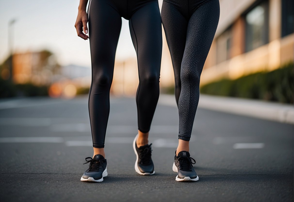 A pair of running tights and leggings laid out side by side on a sleek, modern surface, showcasing their different textures and designs