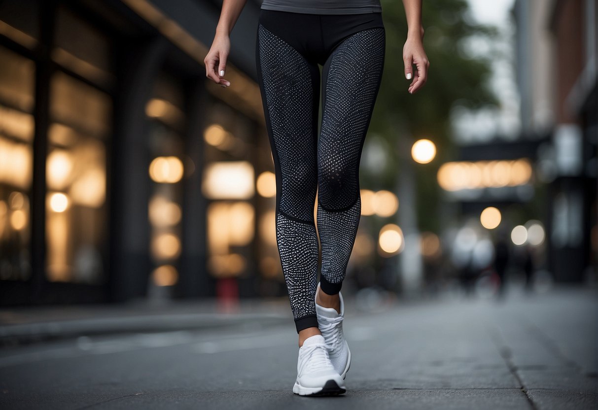 A pair of running tights and leggings side by side, showing the sleek, form-fitting design of the tights and the looser, more casual fit of the leggings