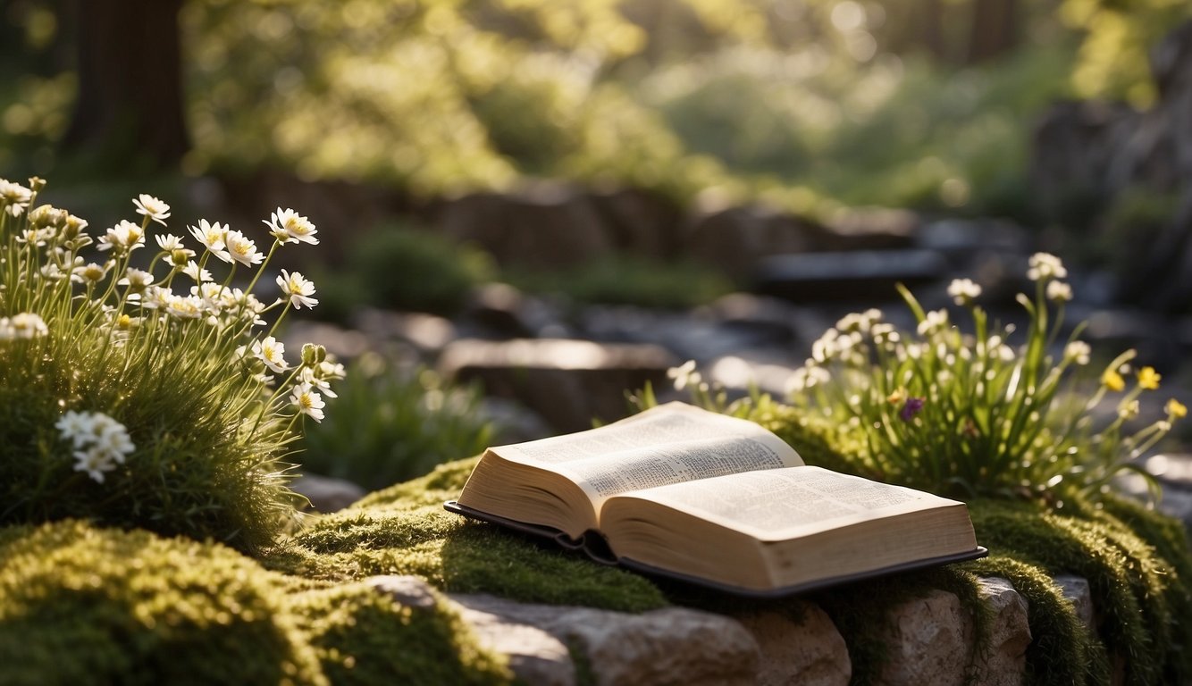 A serene, sunlit garden with a peaceful stream and blooming flowers, surrounded by ancient, weathered stone walls. A Bible lays open on a moss-covered bench, with a gentle breeze turning its pages