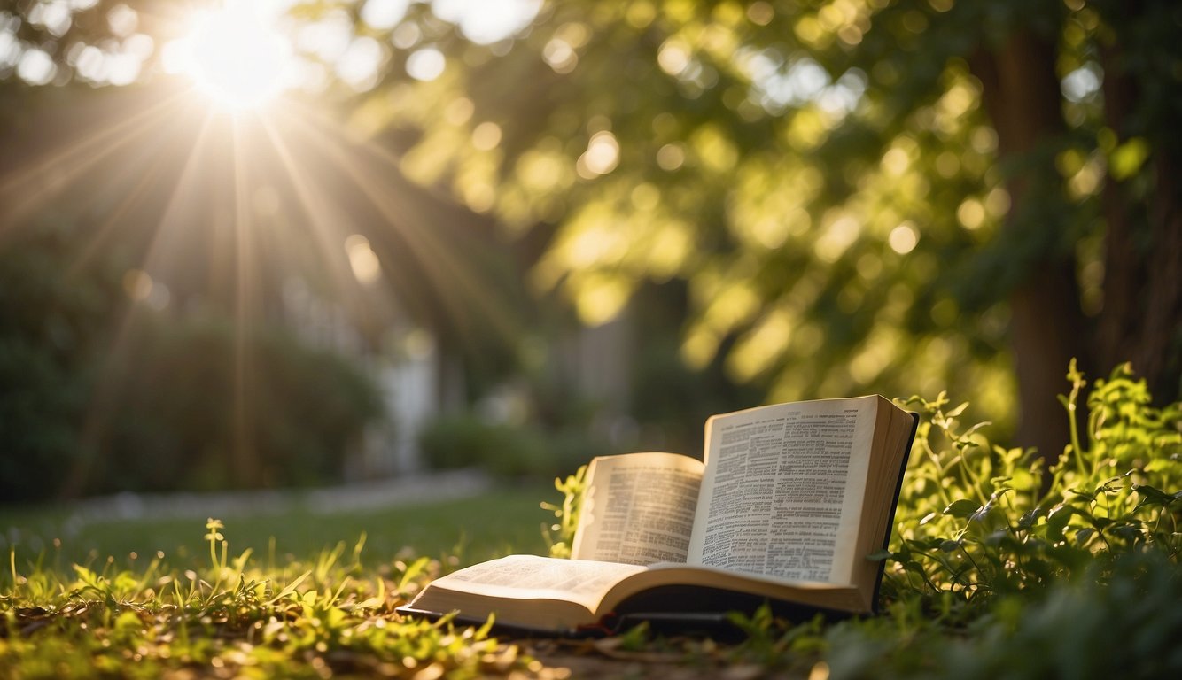 A serene figure sits in a peaceful garden, surrounded by open pages of the Bible. Sunlight filters through the trees, illuminating the words on the pages, conveying a sense of spiritual enlightenment