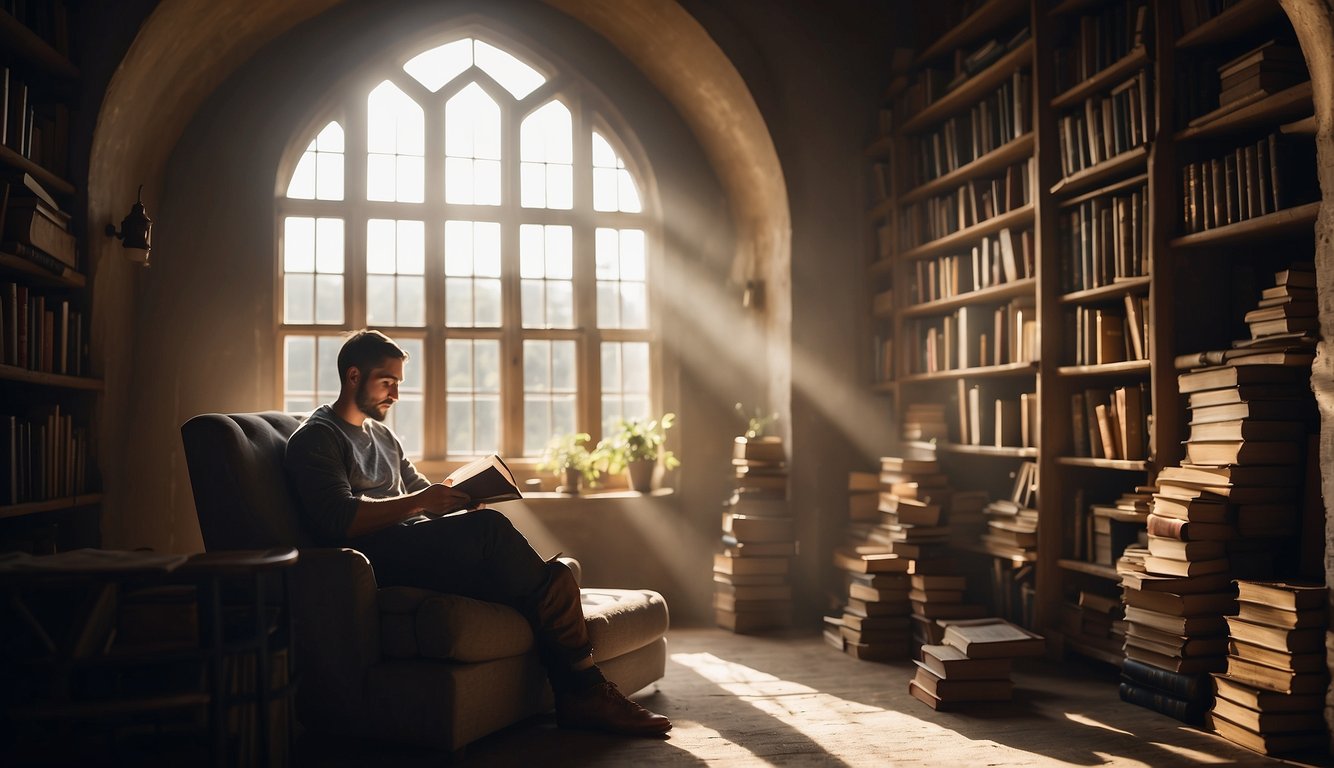 A person sits in a cozy reading nook, surrounded by piles of books. A beam of light streams through a window, illuminating an open Bible on their lap. The person is engrossed in the text, with a look of peace and