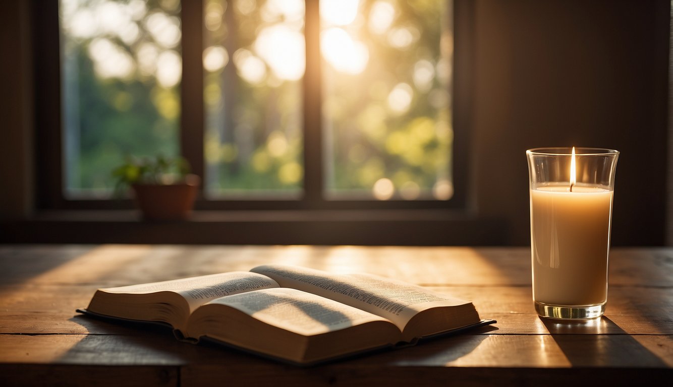 A serene, sunlit room with an open Bible on a wooden table, surrounded by a warm, inviting atmosphere, with a sense of peace and spiritual connection