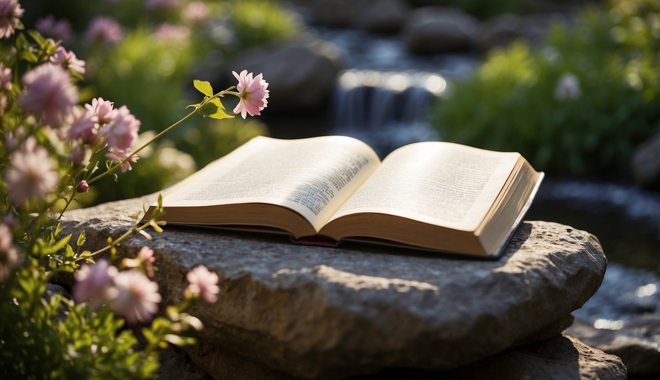 A serene garden with an open book resting on a stone pedestal, surrounded by blooming flowers and a gentle stream, symbolizing spiritual growth and connection to God