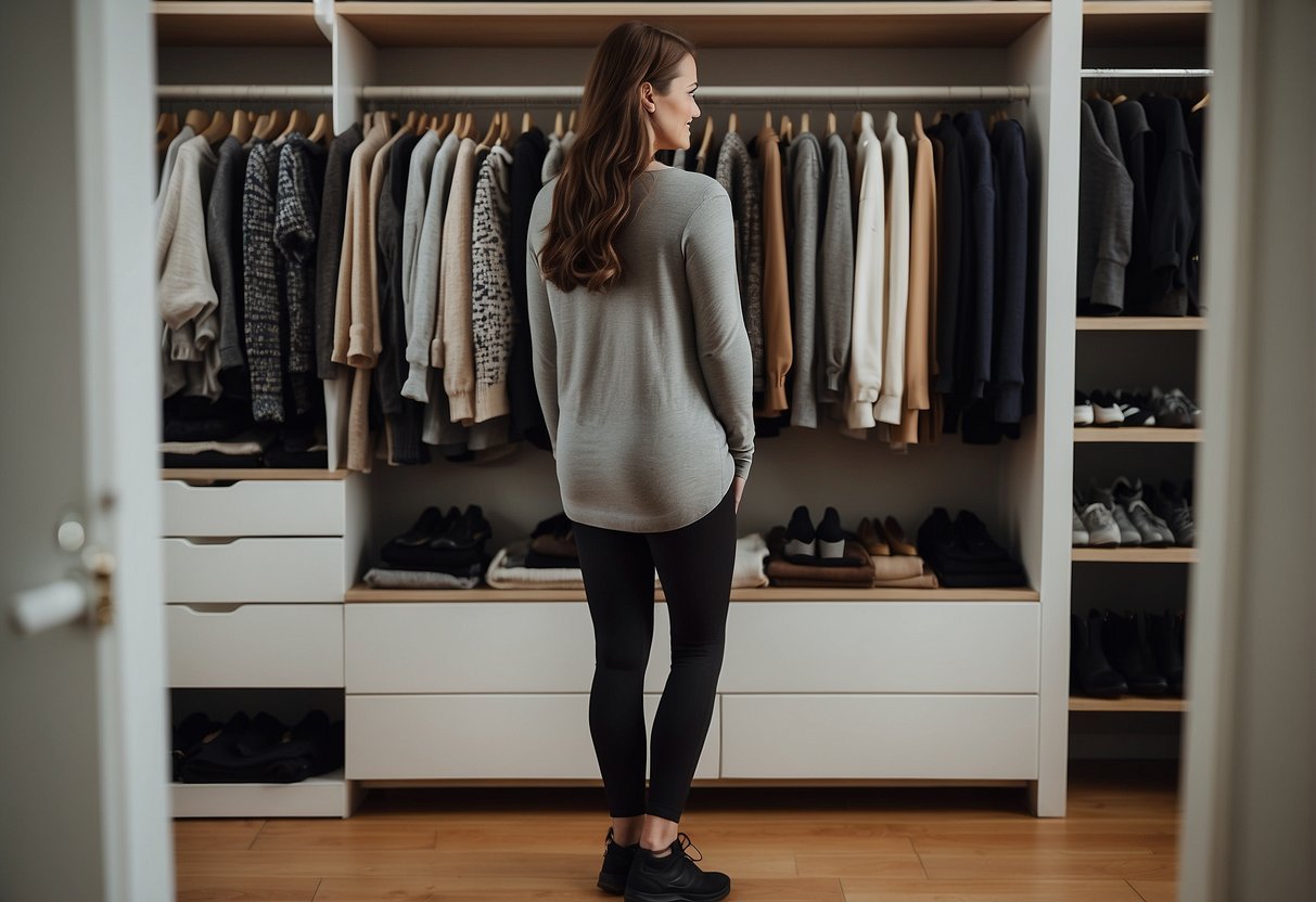 A person stands before a closet, deciding between running tights and leggings. Outside, the weather varies from sunny to rainy, reflecting the different conditions they must prepare for