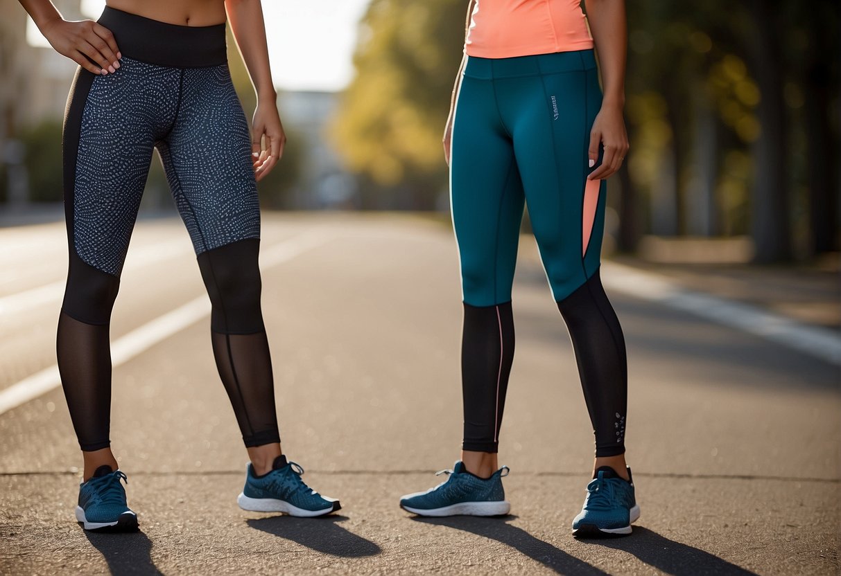 A pair of running tights and leggings side by side, highlighting their key features and benefits through visual cues such as moisture-wicking fabric, reflective details, and compression technology