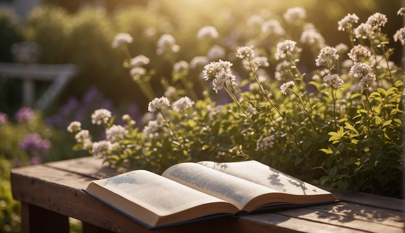 A peaceful, sunlit garden with an open book resting on a wooden bench, surrounded by blooming flowers and a gentle breeze