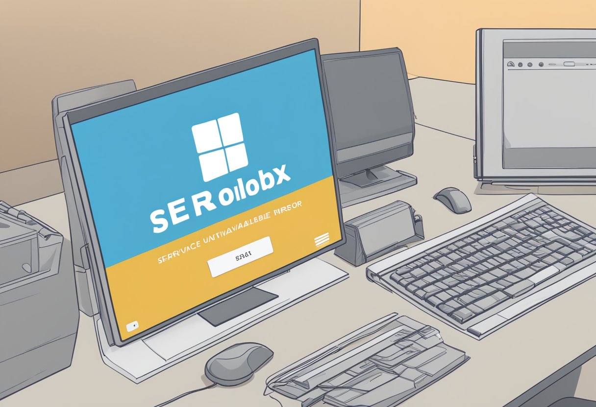 A computer screen displaying a 'Service Unavailable' error message with the Roblox logo in the background