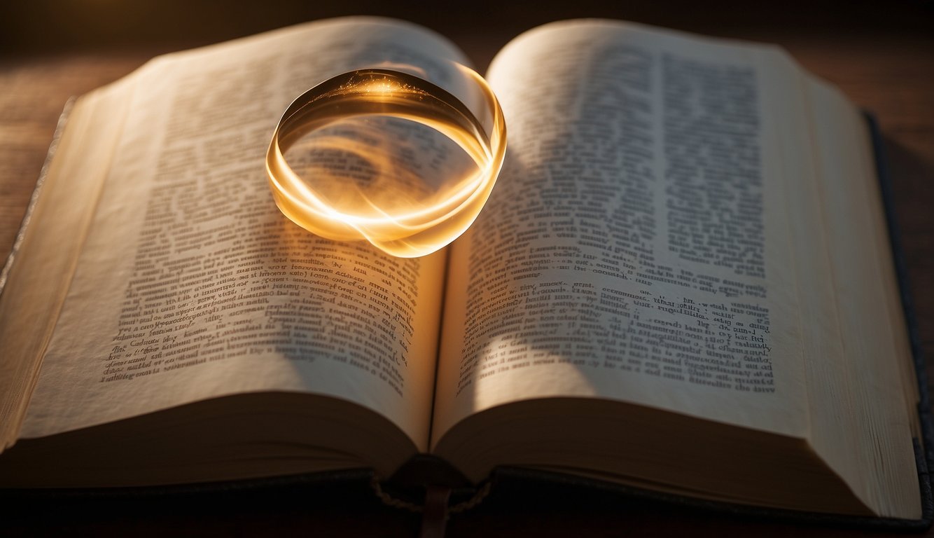 A beam of light shines down on an open book, surrounded by a halo of warmth. The pages seem to glow with divine knowledge and wisdom, inviting the viewer to seek a closer connection with God