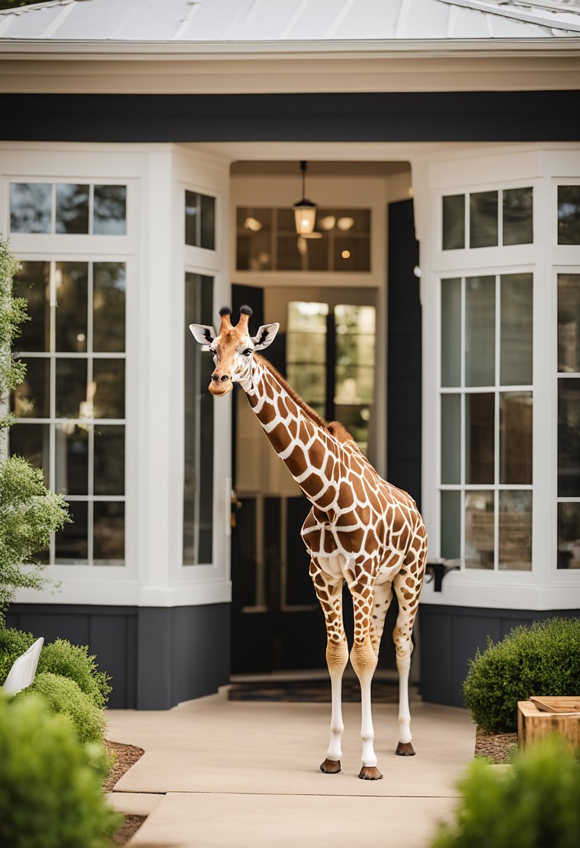 A charming giraffe-themed vacation rental in Waco, featuring cozy living spaces, unique decor, and a spacious outdoor area for relaxation and entertainment